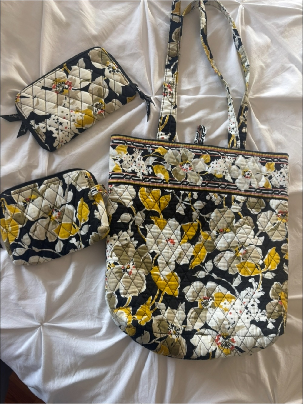 Vera Bradley Quilted Floral Tote with Matching Pouches - Yellow, Black & Cream